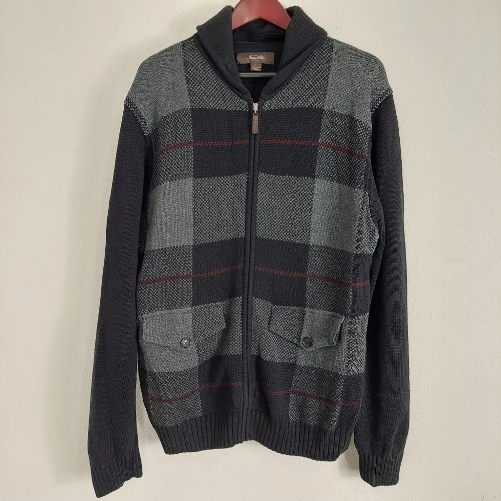 Tasso Elba Men's Size Large Zip-Front Cardigan Sweater Black Gray Plaid Pockets‎ - Picture 2 of 10